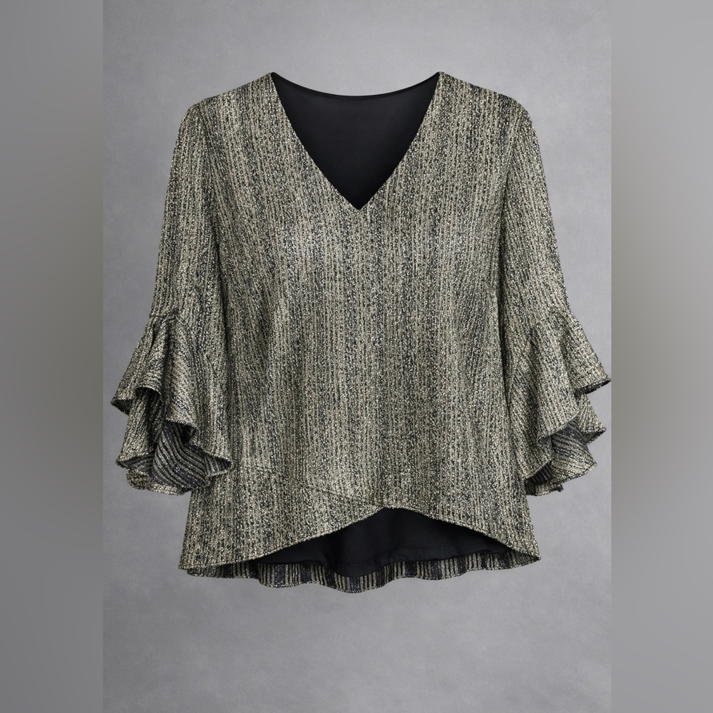 Vince Camuto 1X Gold Metallic Bell Sleeve Cocktail Top Lined Evening Blouse